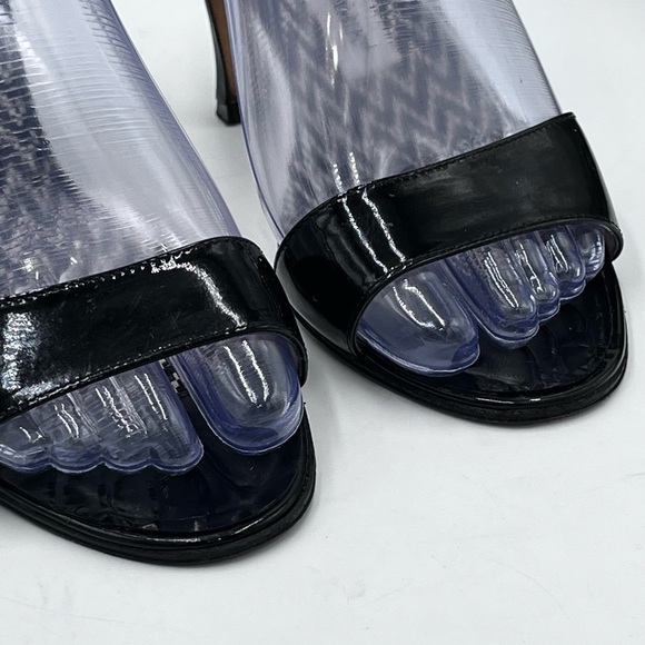Manolo Blahnik Black Patent
Leather Open Tweed Toe Sandals Heels Sz 36.5/ US 6.5 - Picture 1 of 16